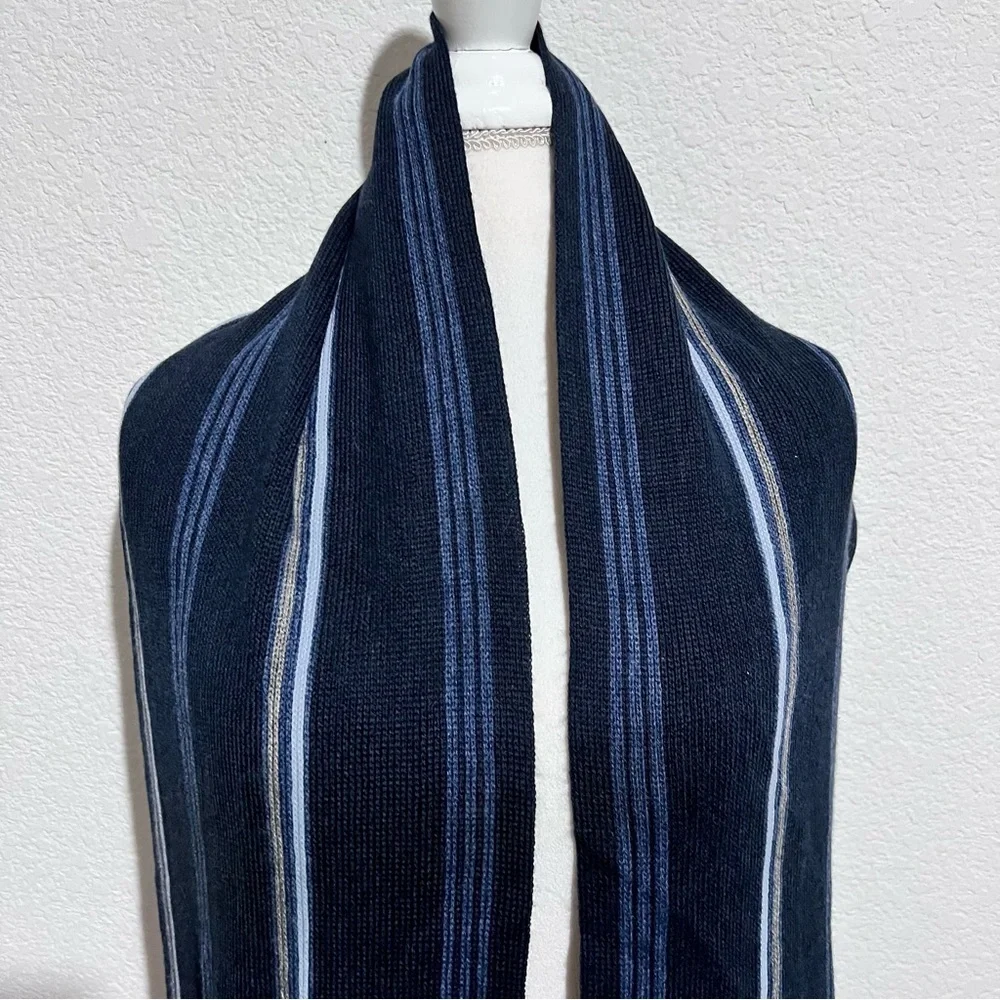 Bruno Piattelli Blue Striped Wool Blend Scarf Fringe